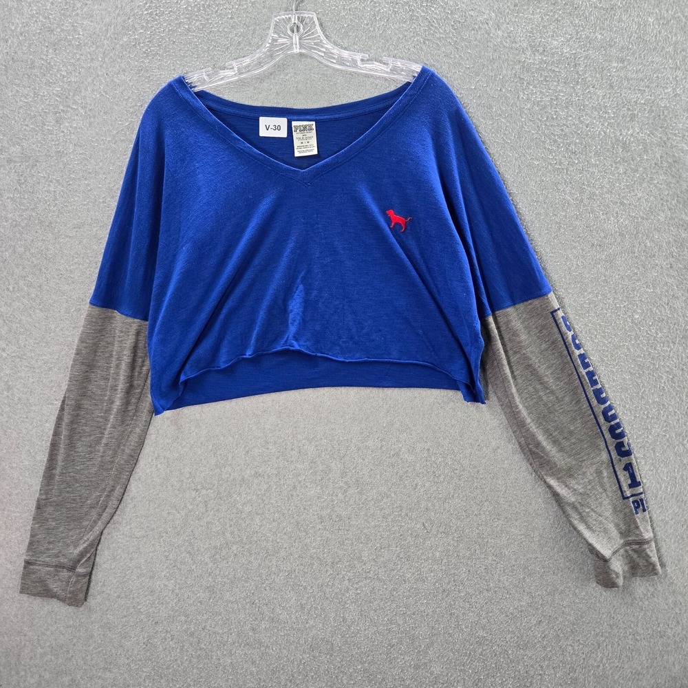 Fresno State Bulldogs Women Top Medium Blue Colorboack Crop Shirt Logo Varsity